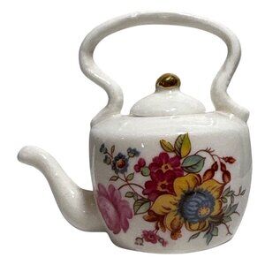 Lu Pao Teapot Miniature Doll House Floral Fine Bone China Taiwan Gold Accents 2"